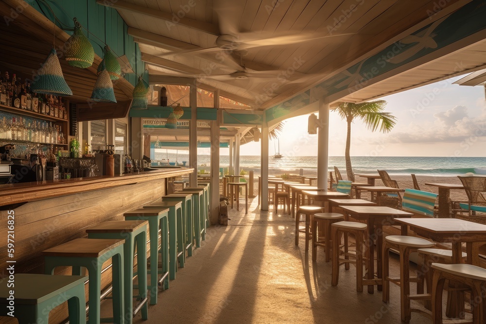 bistro with a view of the beach, serving fresh seafood and cocktails, created with generative ai
