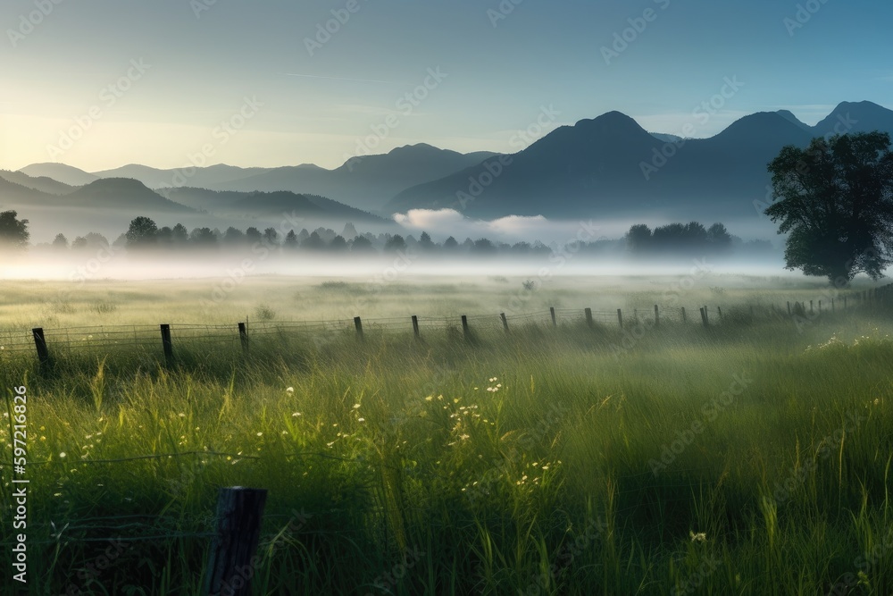 misty morning meadows with mountain range in the background, created with generative ai
