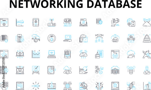 Networking database linear icons set. Connect, Collaboration, Relationships, Communication, Contacts, Sharing, Data vector symbols and line concept signs. Integration,Synthesis,Exchange illustration