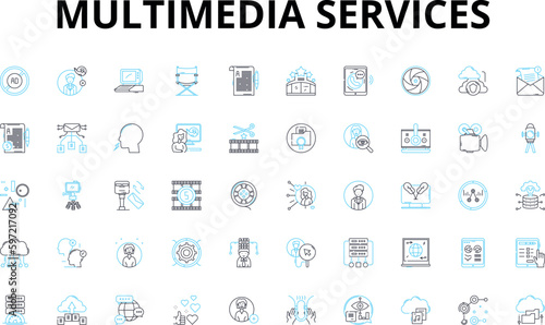 multimedia services linear icons set. Animation, Audio, Branding, Cinematography, Content, Design, Editing vector symbols and line concept signs. Flash,Graphics,Images illustration