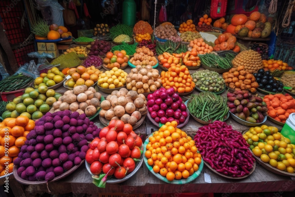 brightly colored fruits and vegetables at exotic market, created with generative ai