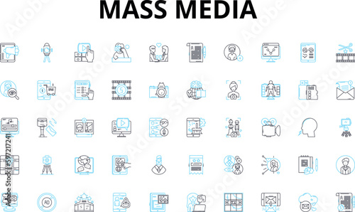 Mass media linear icons set. News, Journalism, Advertising, Radio, Television, Internet, Press vector symbols and line concept signs. Magazine,Newspaper,Media illustration