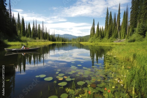 canoeing through tranquil lake, surrounded by scenic beauty, created with generative ai