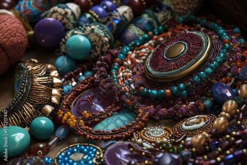 close-up of intricate beaded jewelry, with beads and thread in varied hues, created with generative ai
