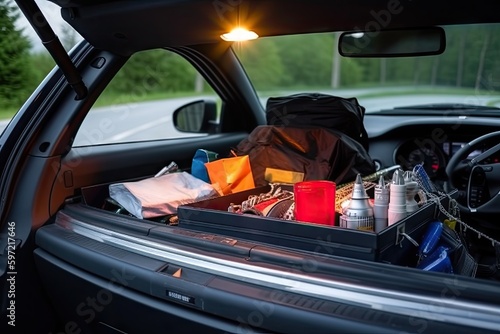 car with accessories and supplies for road trip, including map, flashlight, first aid kit and camera, created with generative ai