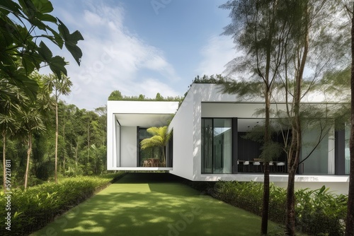 minimalist home, with view of nature in the background, brings peace and serenity to its residents, created with generative ai © Alfazet Chronicles