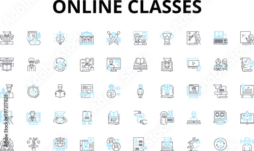 Online classes linear icons set. Virtual, Remote, Digital, E-learning, Web-based, Teleconferencing, Cyberlearning vector symbols and line concept signs. Internet-based,Distance,Webinars illustration