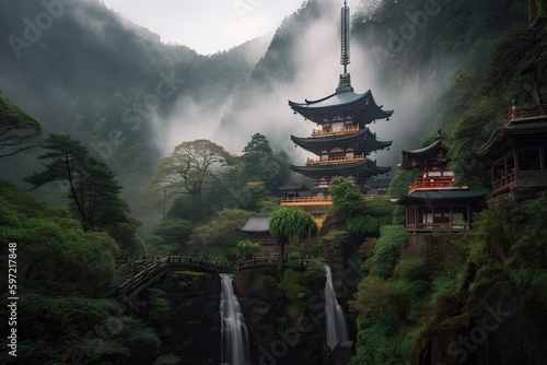 early morning mist rising above the waterfalls that surround the japanese pagoda, created with generative ai