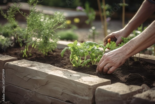 gardener, planting seedlings in raised bed garden with natural stone, created with generative ai