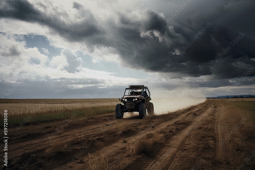 off-road vehicle speeding past open field, with clouds in the background, created with generative ai off-road vehicle speeding past open field, with clouds in the background, created with generative ai
