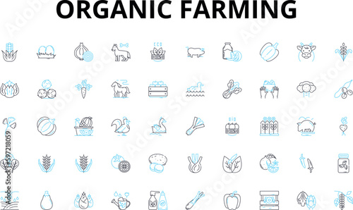 Organic farming linear icons set. Sustainability, Soil, Pesticides, Crops, Fertilizer, Compost, Biodiversity vector symbols and line concept signs. Agriculture,Health,Natural illustration © Nina
