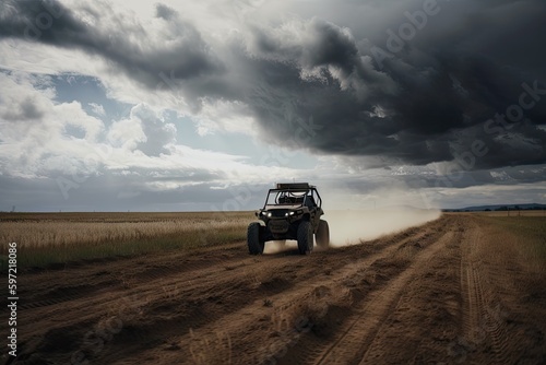 off-road vehicle speeding past open field, with clouds in the background, created with generative ai