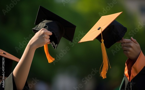 Fotografie Graduation caps tossed in the air, capturing the moment they're suspended in mot