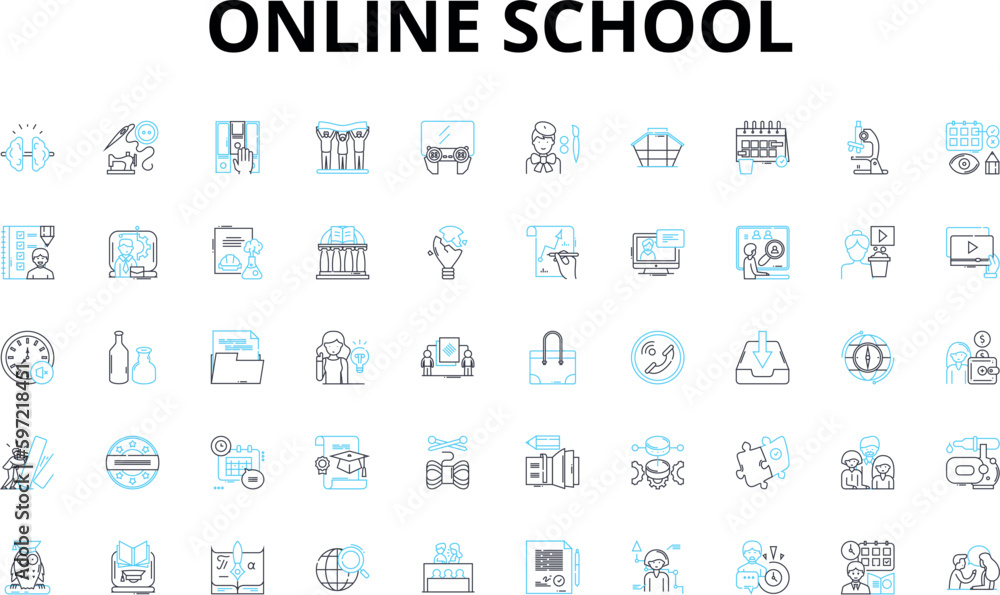online school linear icons set. Distance, Web-based, Virtual, Remote, E-learning, Digital, Cyber vector symbols and line concept signs. Internet,WLAN,Webinar illustration