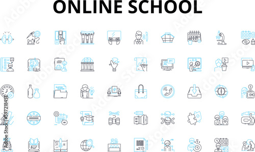 online school linear icons set. Distance, Web-based, Virtual, Remote, E-learning, Digital, Cyber vector symbols and line concept signs. Internet,WLAN,Webinar illustration