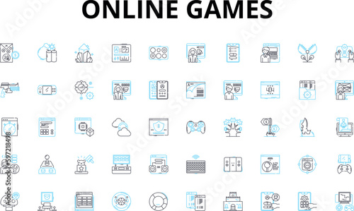 Online games linear icons set. Gaming, Multiplayer, Virtual, Adventure, Action, Strategy, Simulation vector symbols and line concept signs. Role-playing,Fantasy,Sports illustration