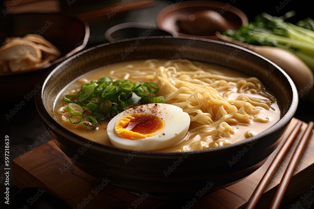close-up of rich and creamy ramen broth, ready to be enjoyed, created with generative ai close-up of rich and creamy ramen broth, ready to be enjoyed, created with generative ai