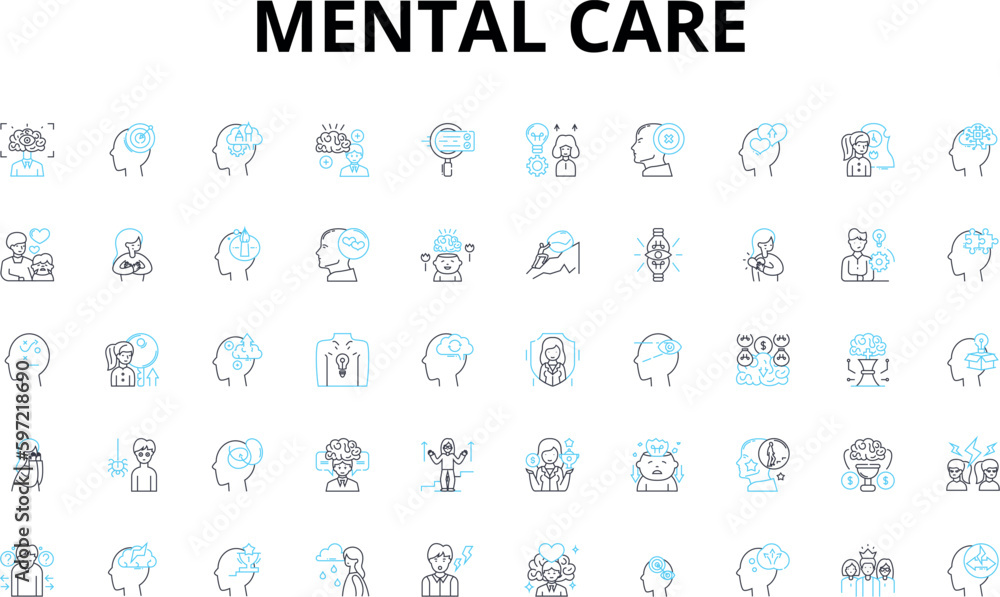 Fototapeta Mental care linear icons set. Therapy, Counseling, Compassion, Self-care, Mindfulness, Recovery, Healing vector symbols and line concept signs. Coping,Well-being,Resilience illustration