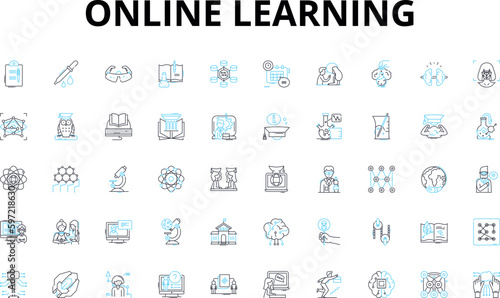 Online learning linear icons set. E-learning, Distance learning, Cyberlearning, Virtual learning, Web-based learning, Remote learning, Online education vector symbols and line concept signs. Digital