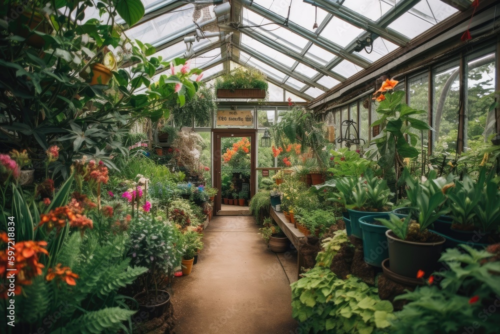 greenhouse filled with lush, tropical plants and flowers, created with generative ai