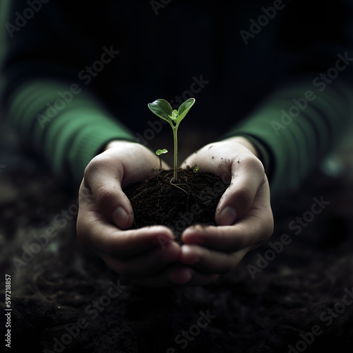 The concept of earth ecology. A person holds a plant growing out of the ground in his palms. - AI Generative