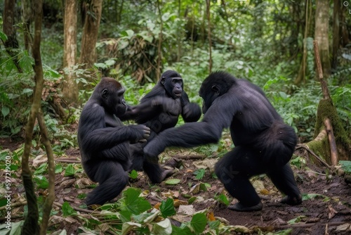 gorilla family playing and wrestling in warm forest, created with generative ai © Alfazet Chronicles