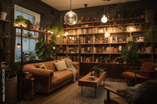 a warm and cozy living room with lighting fixtures and lamps, soft furniture, bookshelves and plants, created with generative ai