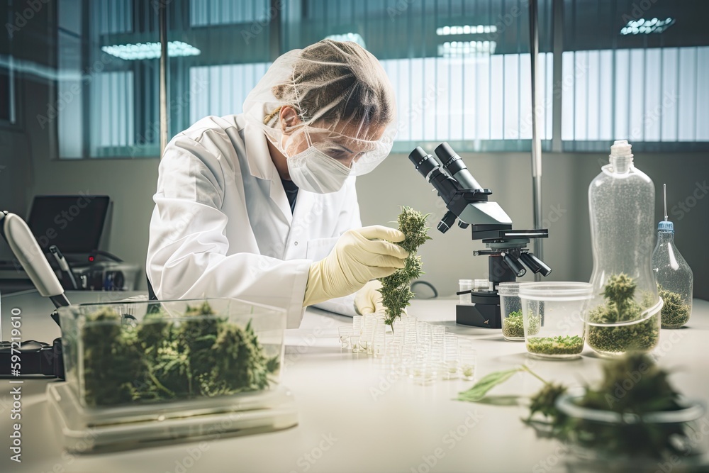 medical marijuana laboratory, with scientists conducting controlled