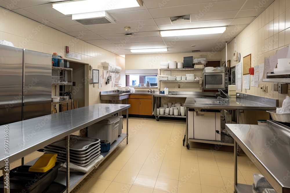 high-volume kitchen in hospital or school, with staff and supplies ready for busy day, created with generative ai high-volume kitchen in hospital or school, with staff and supplies ready for busy day, created with generative ai