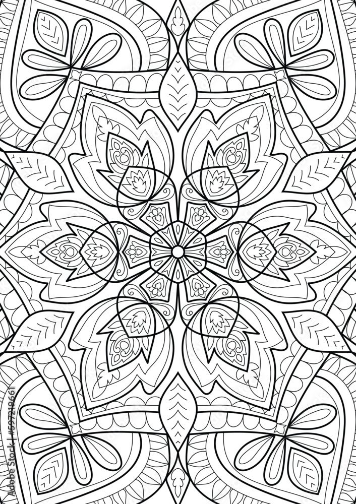 Decorative floral mehndi design style coloring book page illustration hand drawn