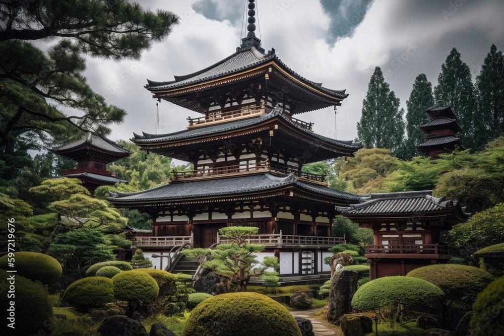 enormous japan pagoda surrounded by lush gardens, with water features and lanterns, created with generative ai enormous japan pagoda surrounded by lush gardens, with water features and lanterns, created with generative ai