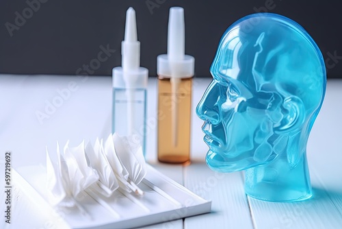 stock image of pair of tissues and nasal spray, side by side, created with generative ai