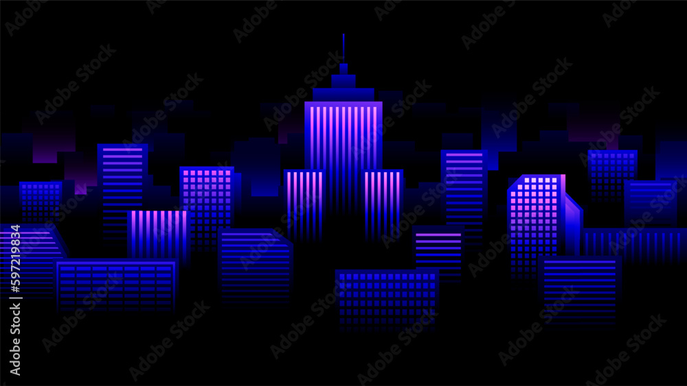 Beautiful night metropolis on a black background. Dark city with skyscrapers and tower. Horizontal vector illustration.