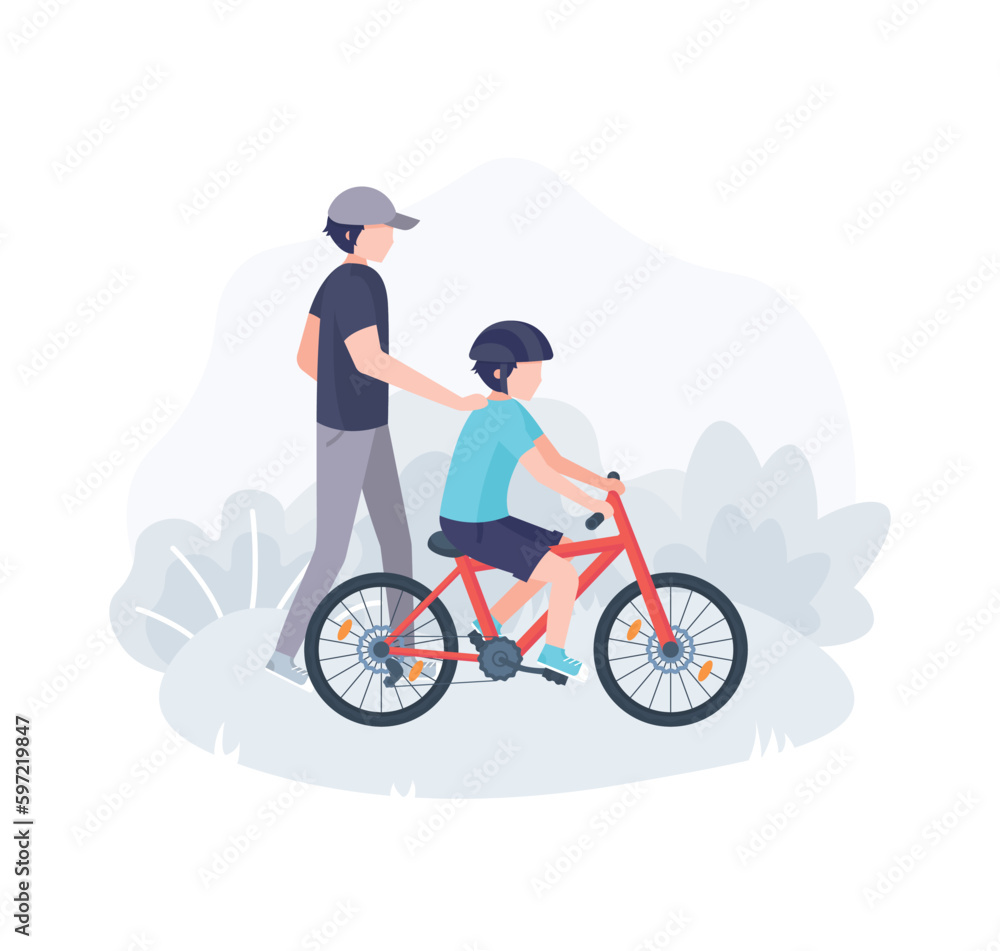 Dad teaches child to ride a bike. Vector characters isolated on white background. Dad teaches child to ride a bike. Vector characters isolated on white background.