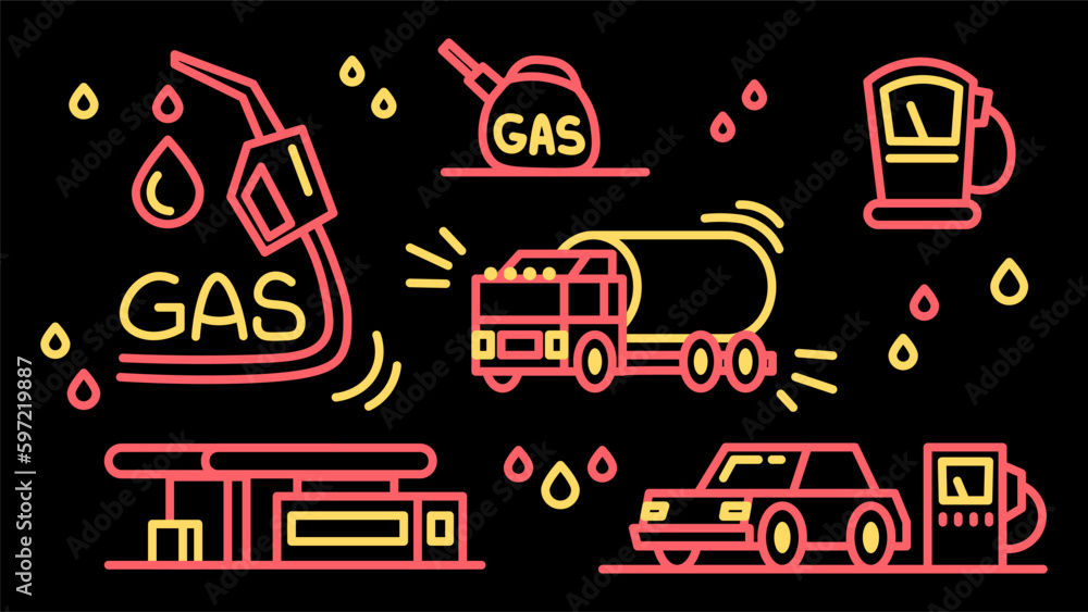 Neon gas and petrol filling elements isolated on black background. Car refueling, petrol stations, oil fuel.
