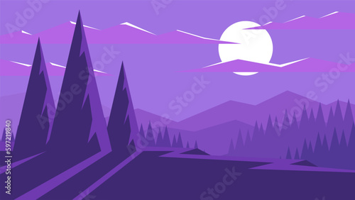 Nighttime mystical scene silhouettes of trees and mountains on bright moonlight background. Minimalist flat horizontal landscape.