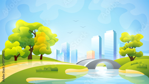 Fototapeta Naklejka Na Ścianę i Meble -  Vector color gradient illustration of daytime city park with a river on the background of skyscrapers.