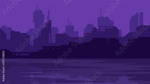 Industrial horizontal illustration of buildings on violet background. Dark factories landscape.