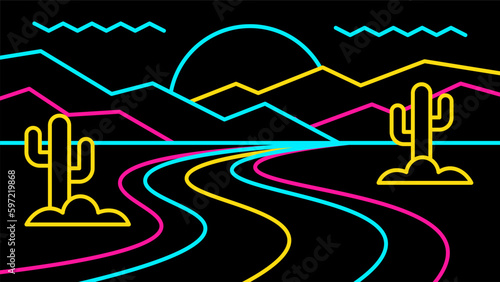 Road through arid desert and cactuses. Retro neon style dry terrain with cactuses on a black background.