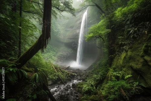 majestic waterfall  with misty spray and the sound of rushing water  surrounded by lush forest  created with generative ai