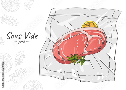 Vector hand drawn sketch illustration of raw pork with spices and lemon. Sous-Vide Slow Cooking Technology.