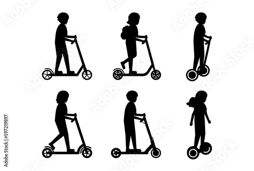 Children silhouettes riding scooters and gyroscooter set. Vector characters isolated on white background.