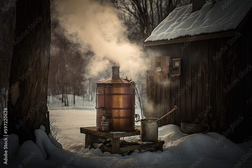 maple sap evaporator, with steam rising, and the sweet smell of maple