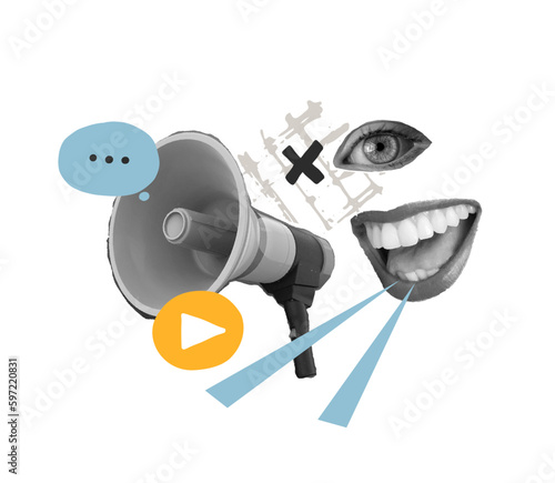 Pop art collage with megaphone and grunge singer. Retro composition. Club party poster, podcast, magazine. Y2K, 80s, 90s style. Psychedelic, surreal art.