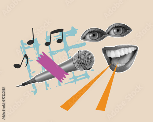 Pop art collage with megaphone and grunge singer. Retro composition. Club party poster, podcast, karaoke, magazine. Y2K, 80s, 90s style. Psychedelic, surreal art. Lips and eyes in parted