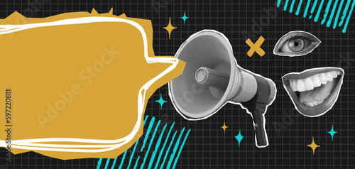 Pop art collage with megaphone. Loudspeaker announcing crazy promotions. Retro composition. Y2K, 80s, 90s style. Psychedelic, surreal art. Discounts vector grunge banner