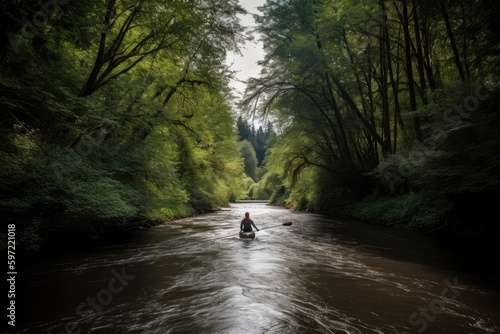 person, paddling down river, with forest on either side, created with generative ai
