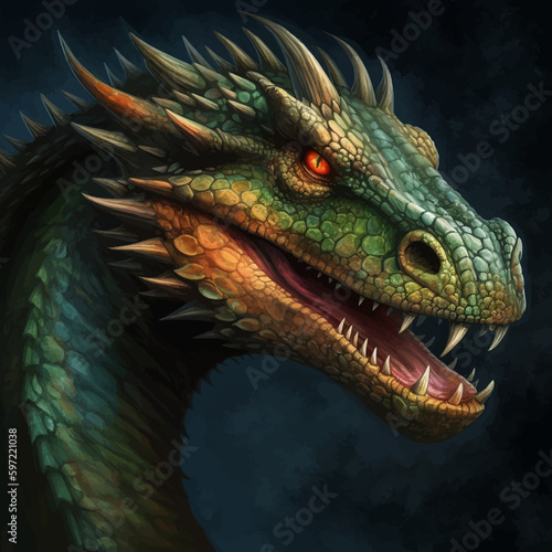 Head of a Fantasy Evil Green dragon with glowing red eyes. Fierce and majestic Mythical creature. Fearsome and awe-inspiring beast. Ancient monster. 3D Digital painting. Art © Zakhariya