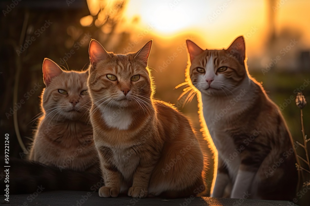 sunset, with the sun setting behind a group of cats, their eyes shining in the light, created with generative ai