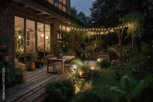 sustainable garden, with outdoor seating and lighting, bringing the garden indoors, created with generative ai
